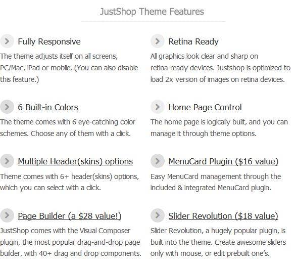 Justshop theme features